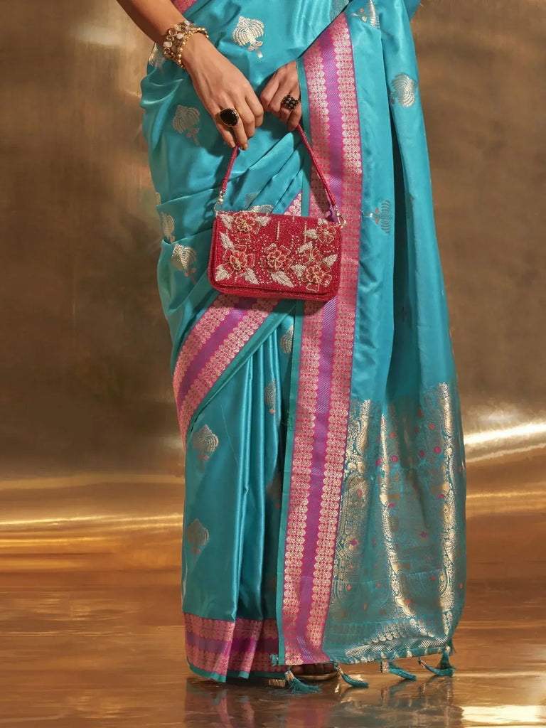 Awesome Sky-Blue Zari Weaving Satin Function Wear Saree With Blouse