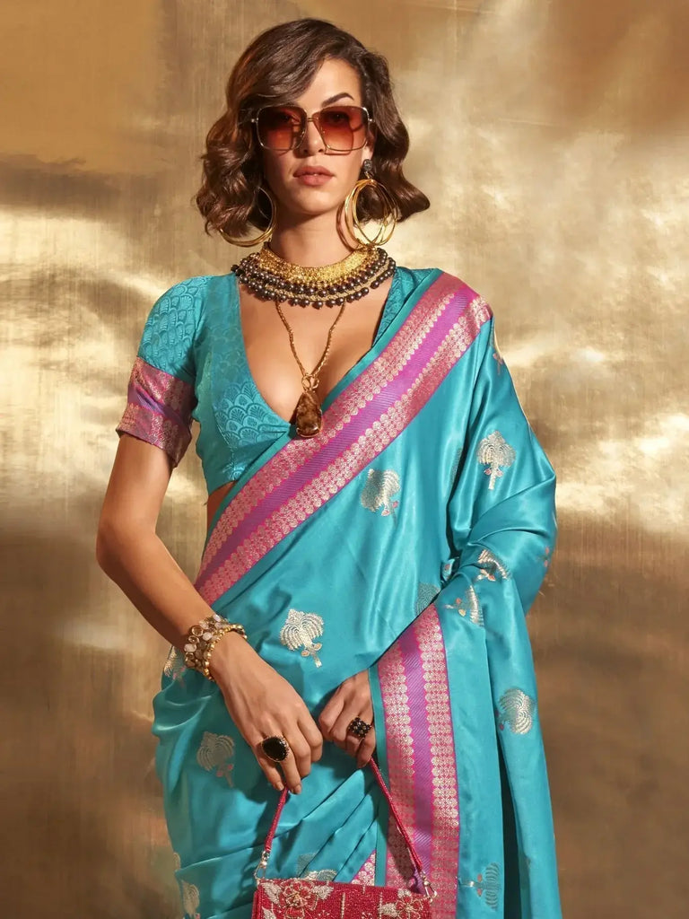 Awesome Sky-Blue Zari Weaving Satin Function Wear Saree With Blouse