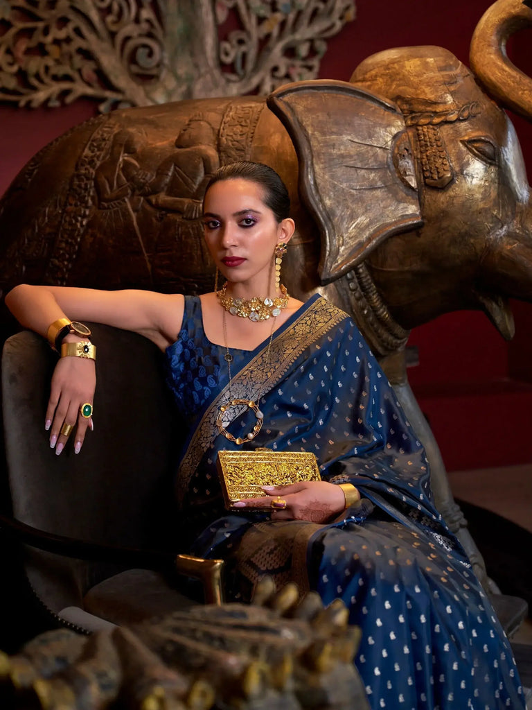 Captivating Blue Zari Weaving Satin Wedding Saree With Blouse