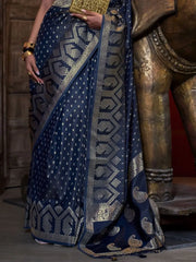 Captivating Blue Zari Weaving Satin Wedding Saree With Blouse