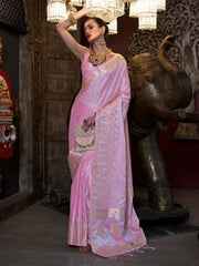 Enchanting Baby Pink Zari Weaving Satin Saree With Blouse