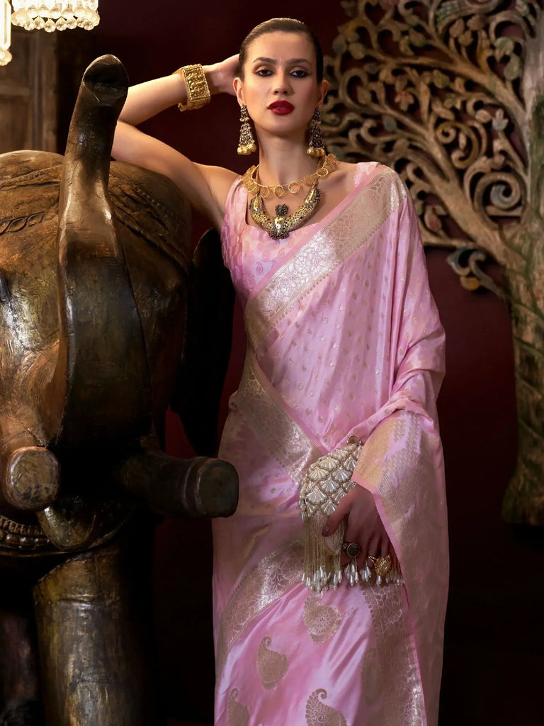 Enchanting Baby Pink Zari Weaving Satin Saree With Blouse
