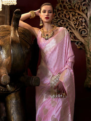 Enchanting Baby Pink Zari Weaving Satin Saree With Blouse
