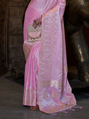Enchanting Baby Pink Zari Weaving Satin Saree With Blouse