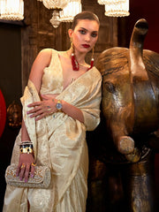 Stunning Beige Zari Weaving Satin Traditional Saree With Blouse