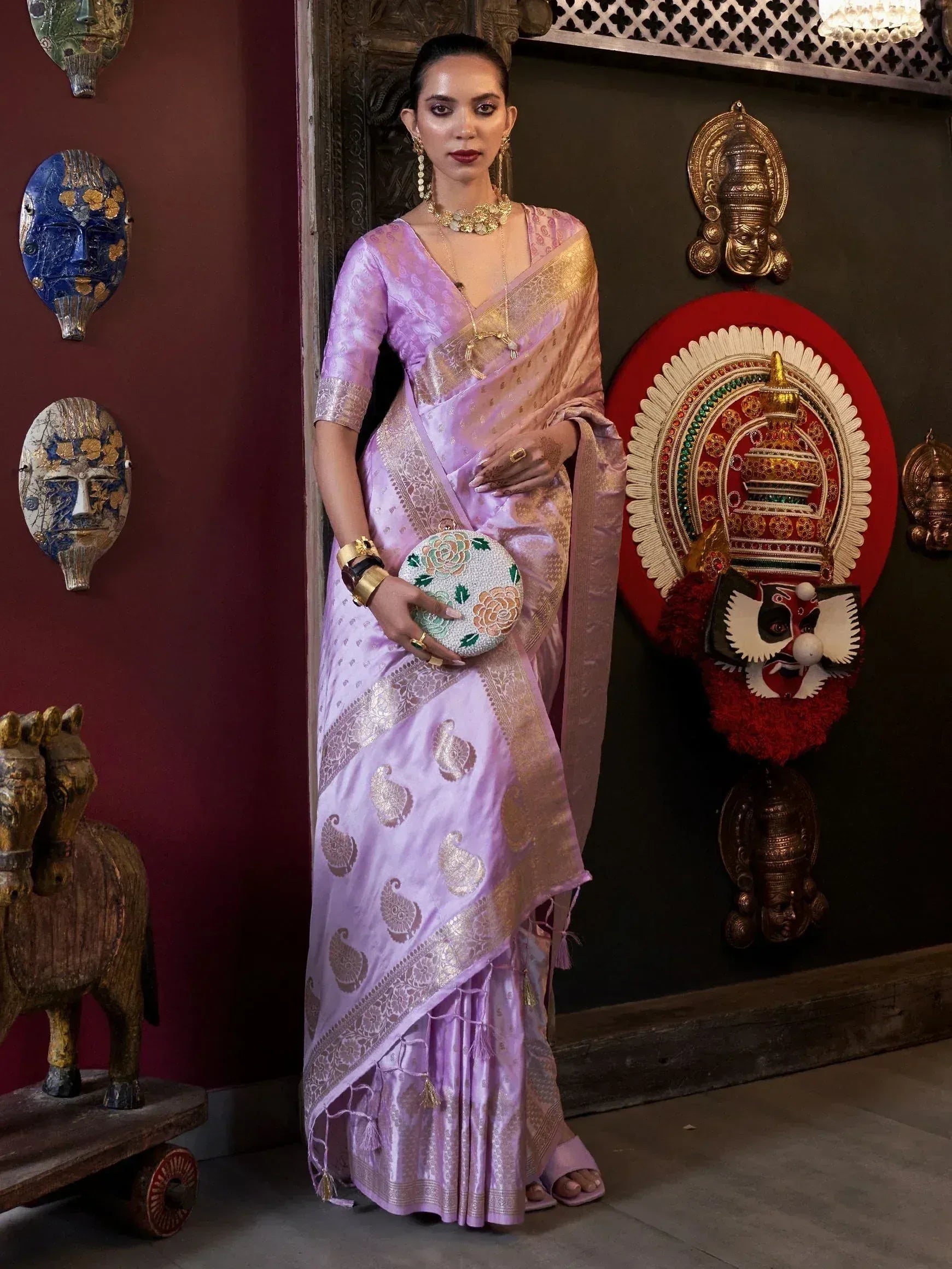 Lavender silk saree with gold paisley print, ethnic Indian wear for women, perfect for weddings and festivals