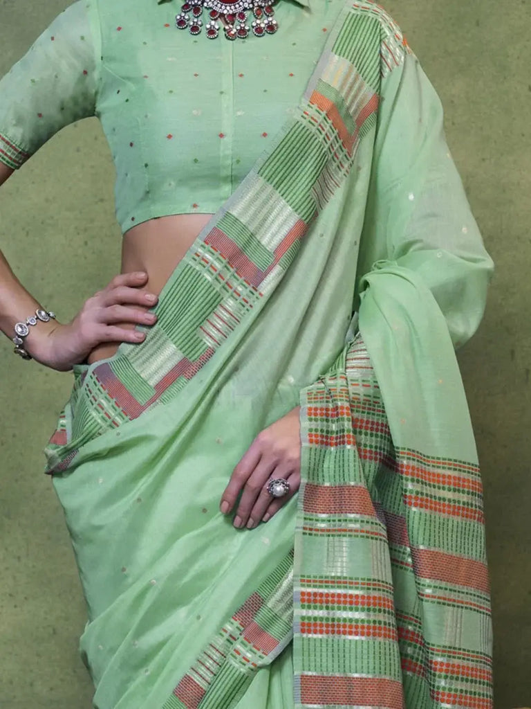 Amazing Pista Green Weaving Cotton Event Wear Saree With Blouse