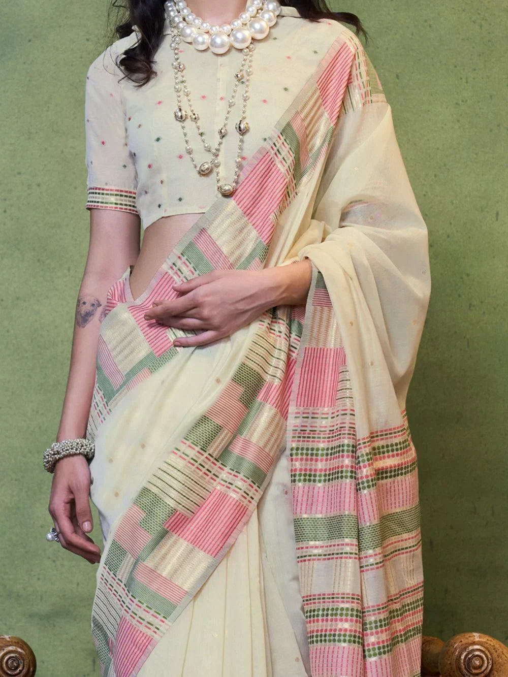 Memorable Beige Weaving Cotton Traditional Saree With Blouse