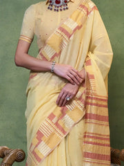 Impressive Light Yellow Weaving Cotton Festival Wear Saree With Blouse