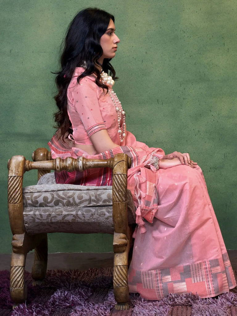 Outstanding Baby Pink Weaving Cotton Function Wear Saree With Blouse