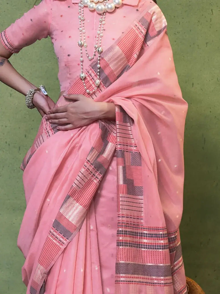 Outstanding Baby Pink Weaving Cotton Function Wear Saree With Blouse