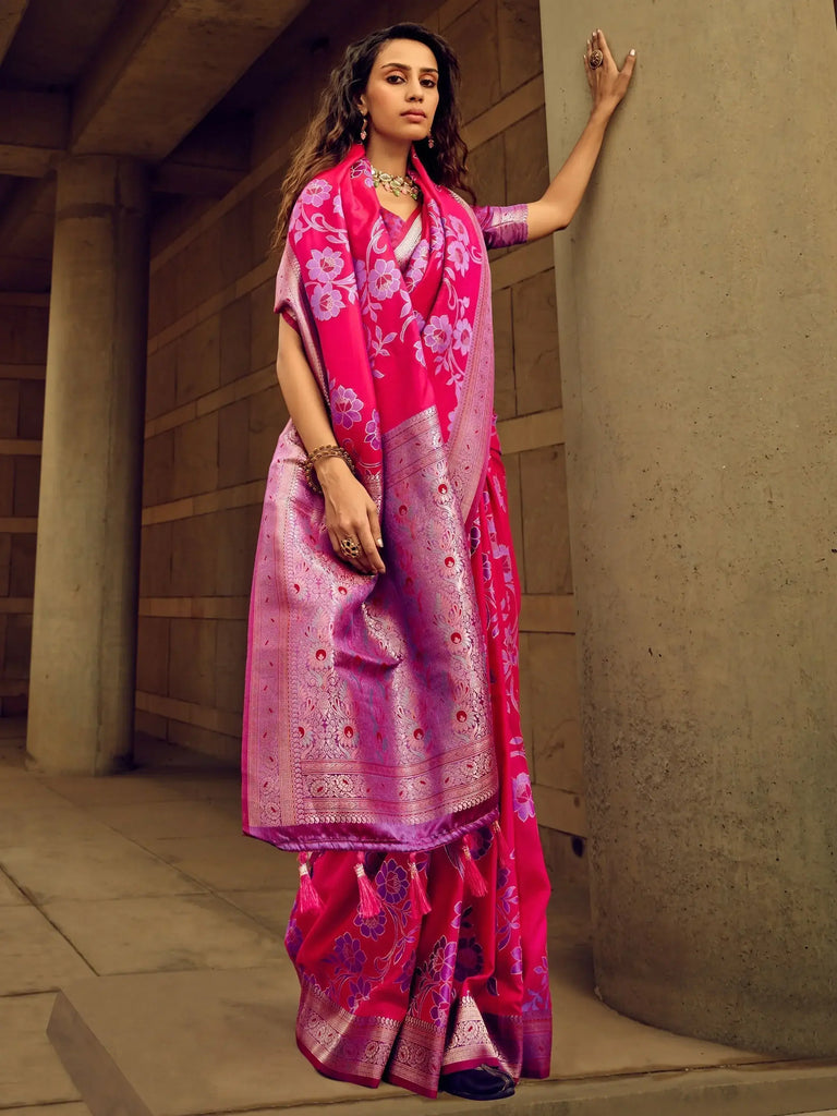 Incredible Pink Zari Weaving Silk Wedding Wear Saree With Blouse