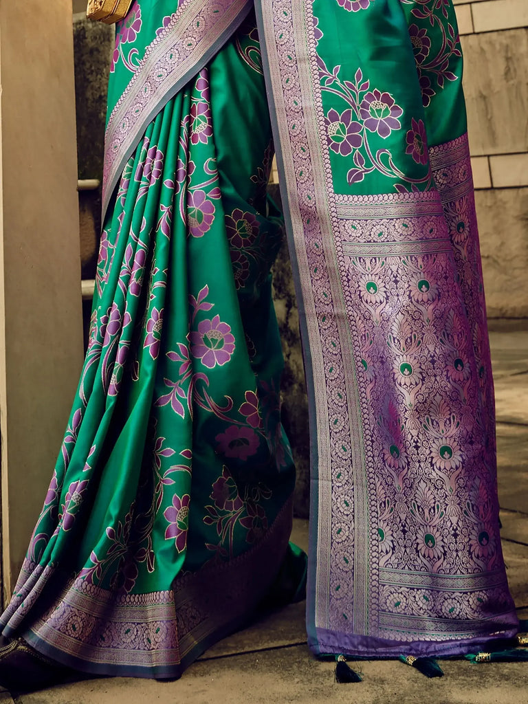 Fabulous Green Zari Weaving Silk Festival Wear Saree With Blouse