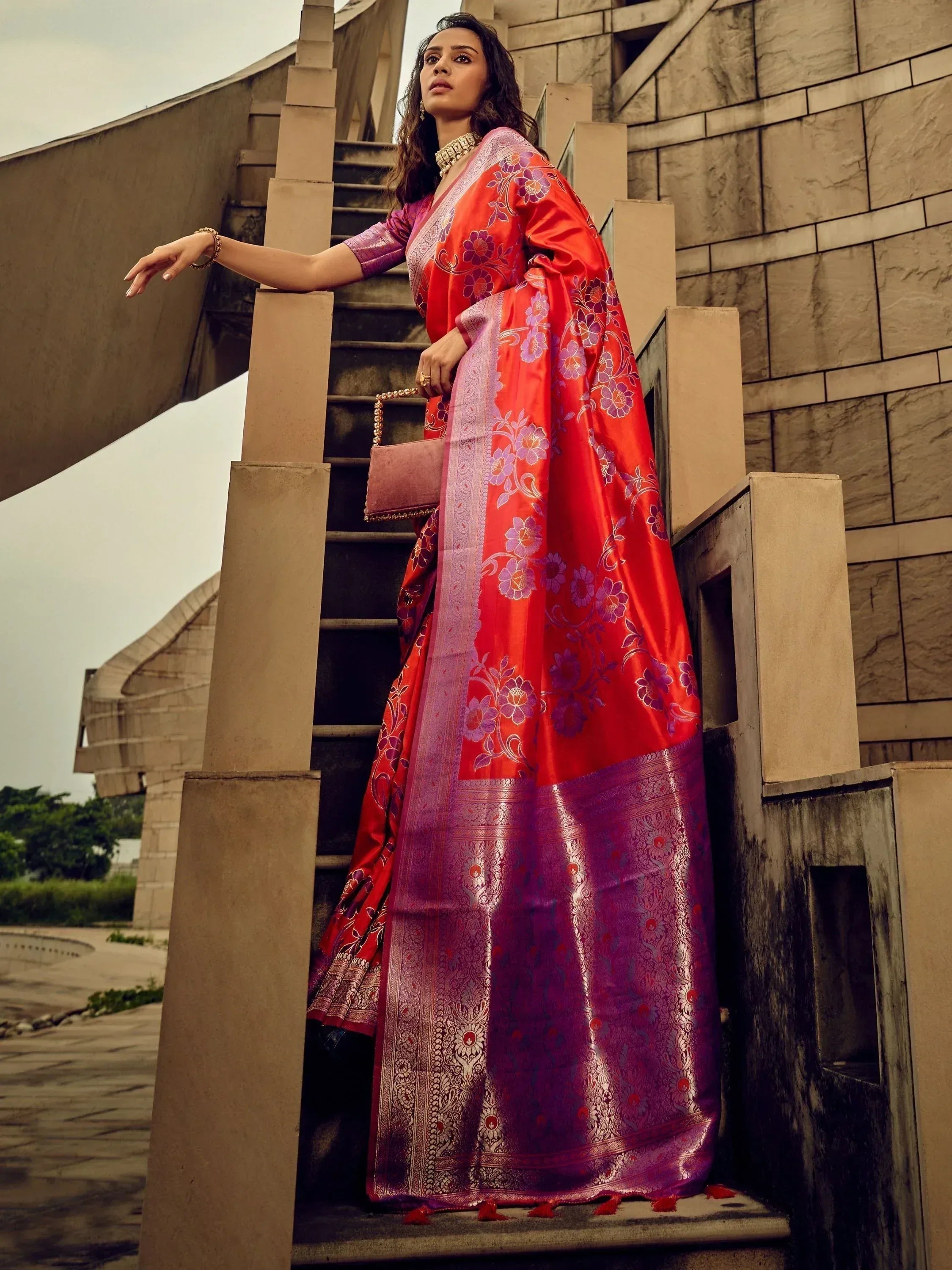 Red and purple floral saree with intricate embroidery, perfect for Indian ethnic wear occasions.