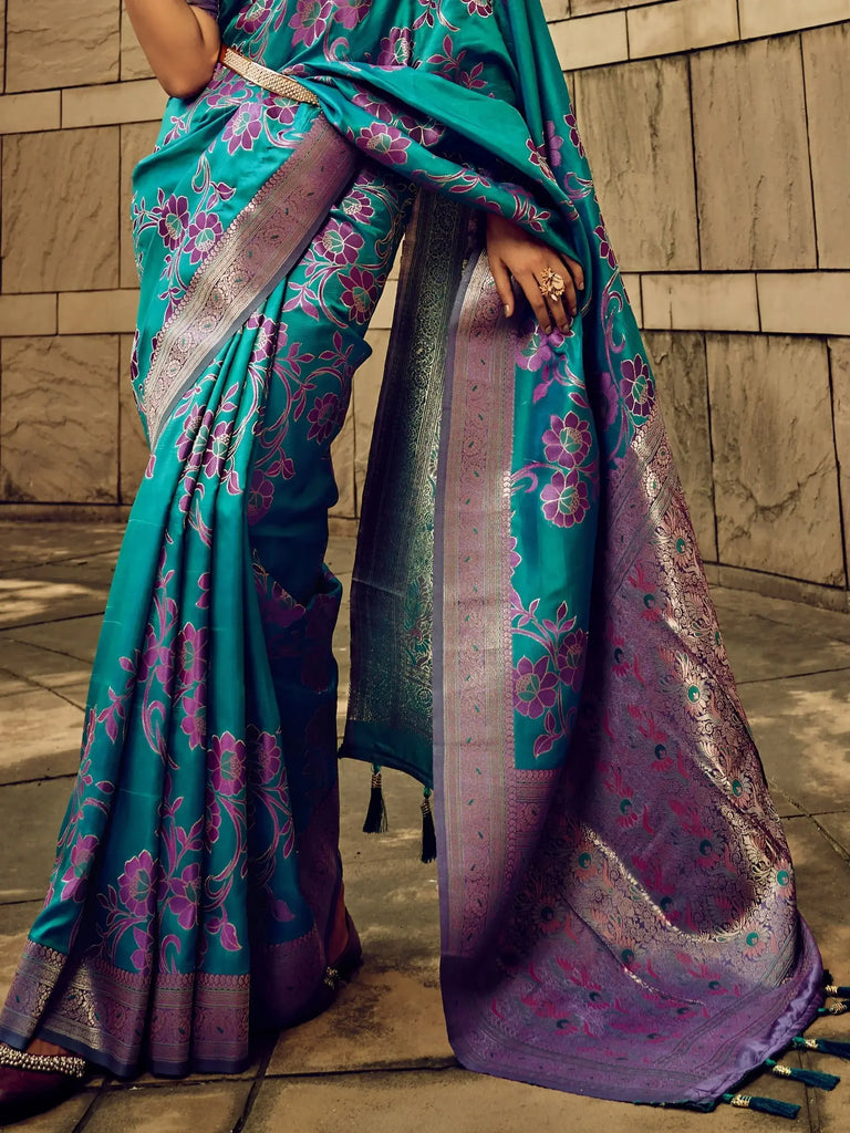 Astonishing Turquoise Zari Weaving Silk Traditional Saree With Blouse