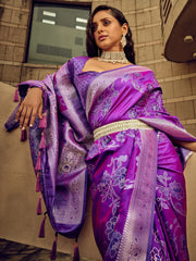 Stunning Purple Zari Weaving Silk Function Wear Saree With Blouse