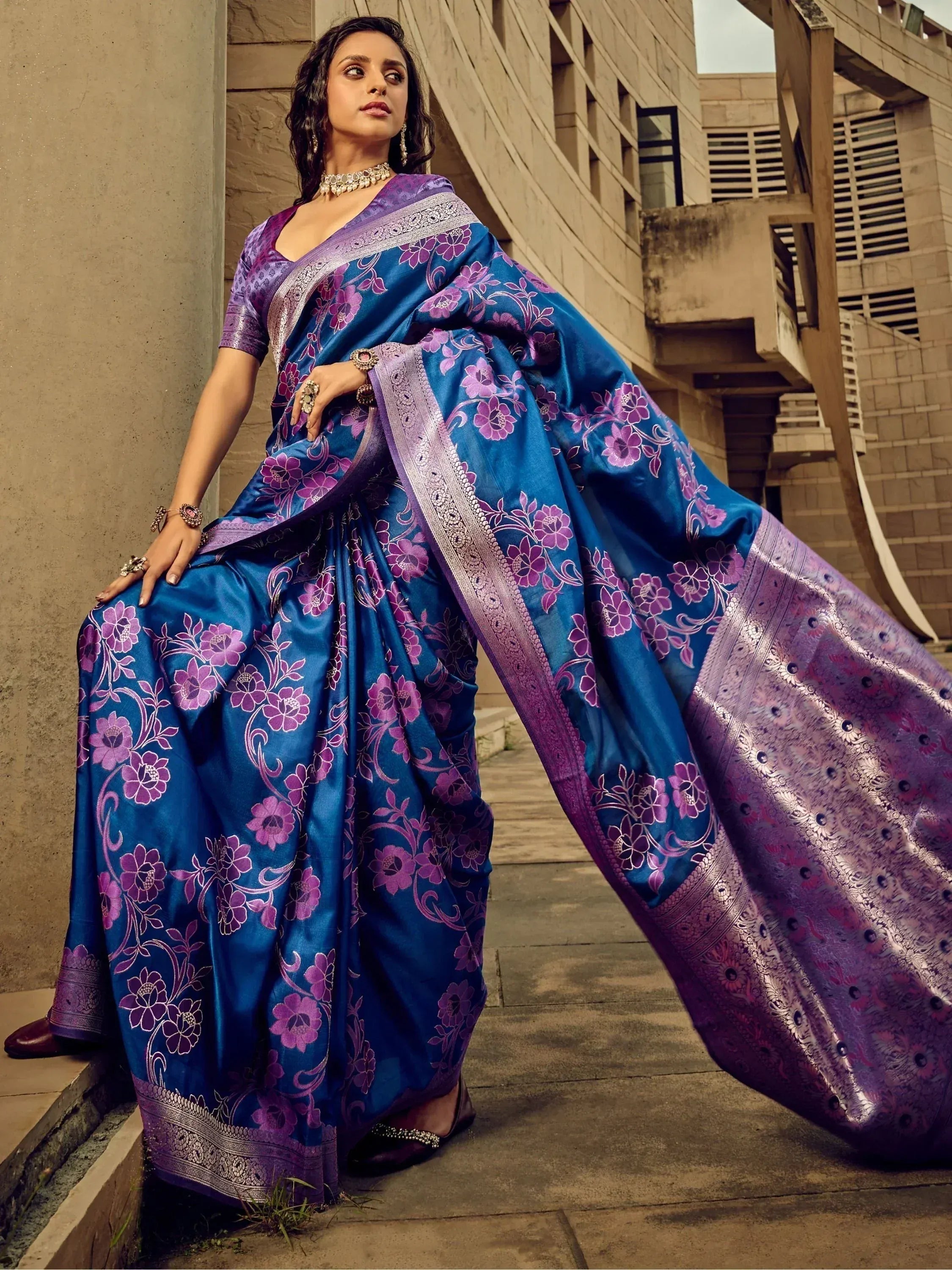 Blue and purple floral saree with intricate border, perfect for Indian ethnic wear occasions