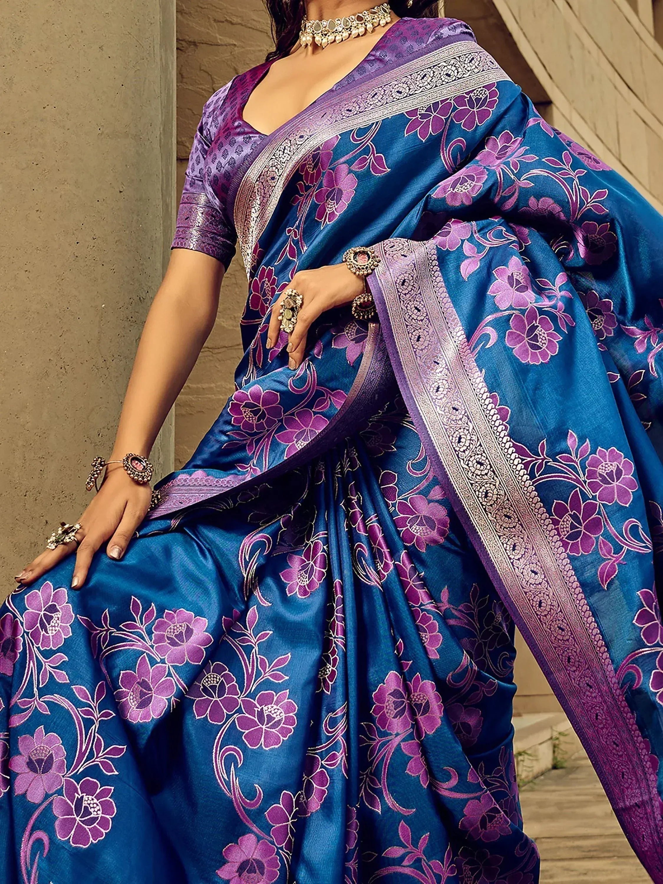 Blue and purple floral print saree with silver border, Indian ethnic wear