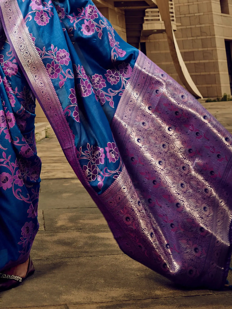 Spectacular Blue Zari Weaving Silk Wedding Wear Saree With Blouse