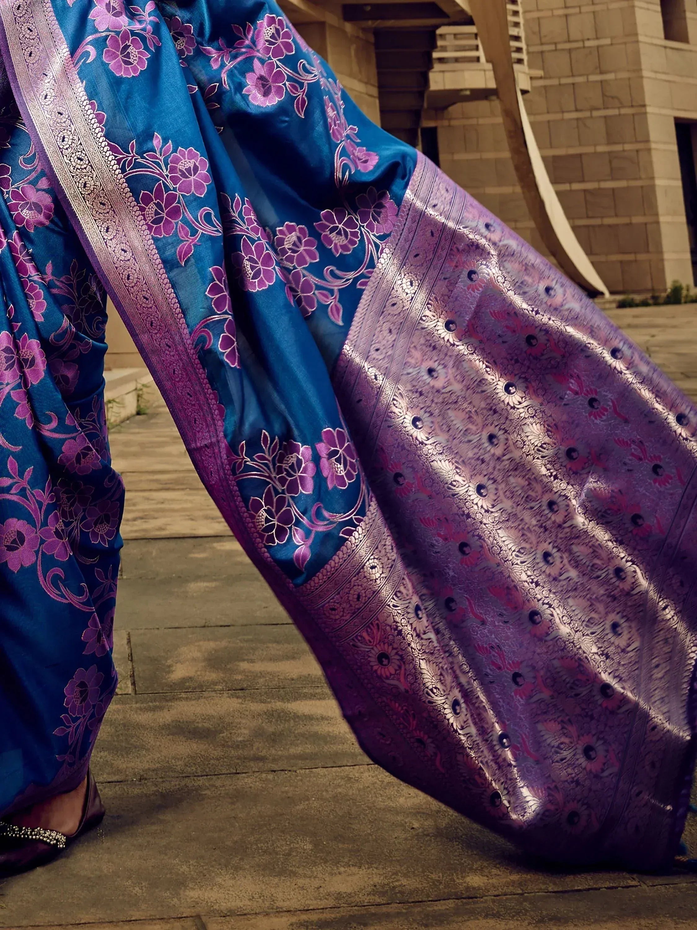 Blue and purple floral saree with intricate border, ethnic Indian wear