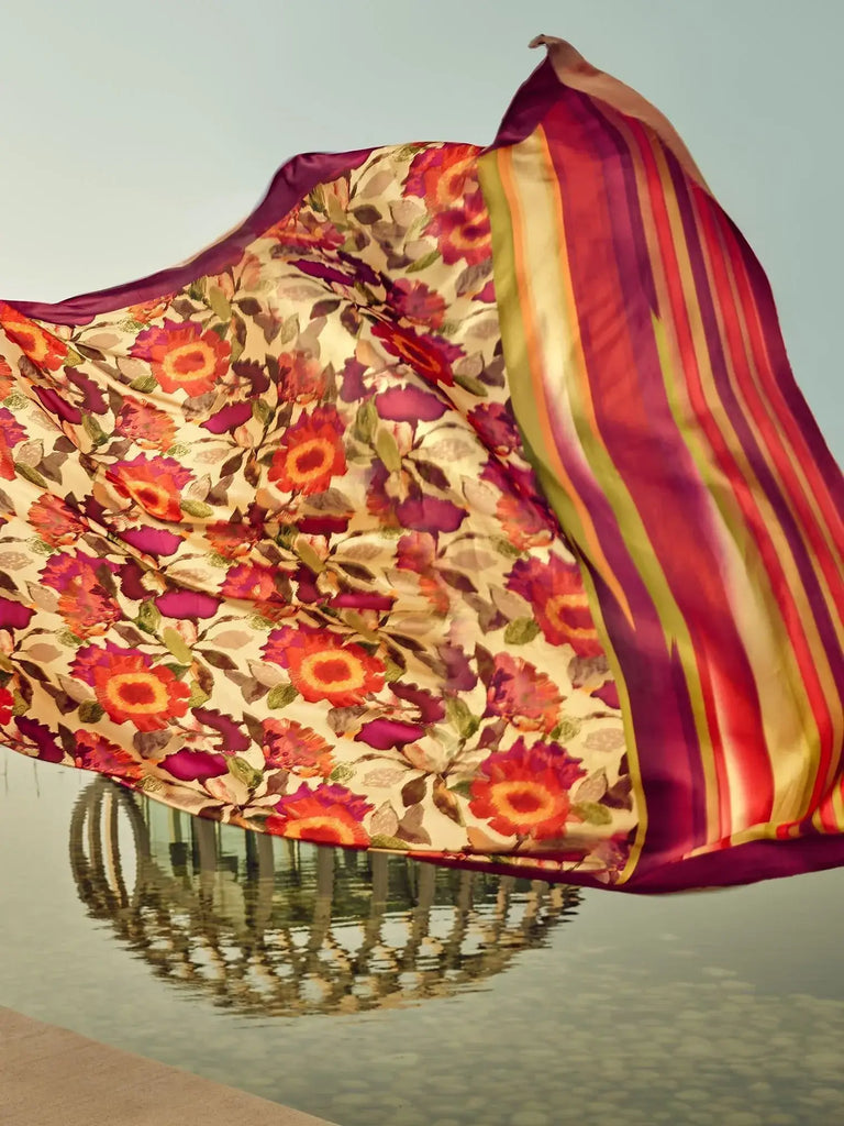 Marvelous Beige Floral Printed Satin Festival Wear Saree With Blouse