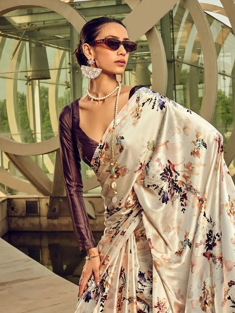 Wonderful White Floral Printed Satin Event Wear Saree With Blouse