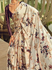 Wonderful White Floral Printed Satin Event Wear Saree With Blouse