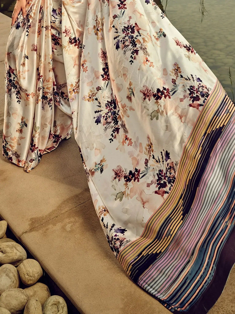Wonderful White Floral Printed Satin Event Wear Saree With Blouse
