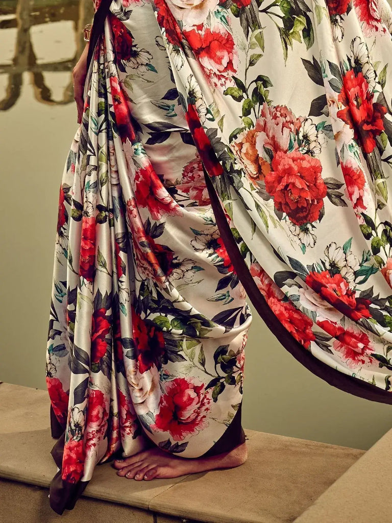 Fabulous White Floral Printed Satin Festival Wear Saree With Blouse