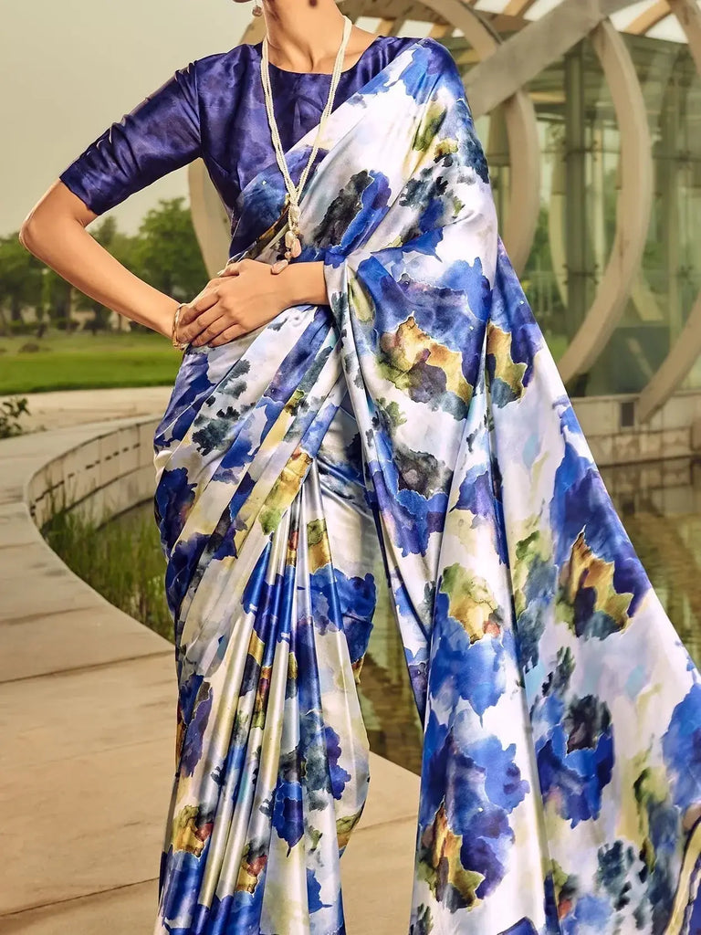 Astonishing White & Blue Digital Printed Satin Party Wear Saree