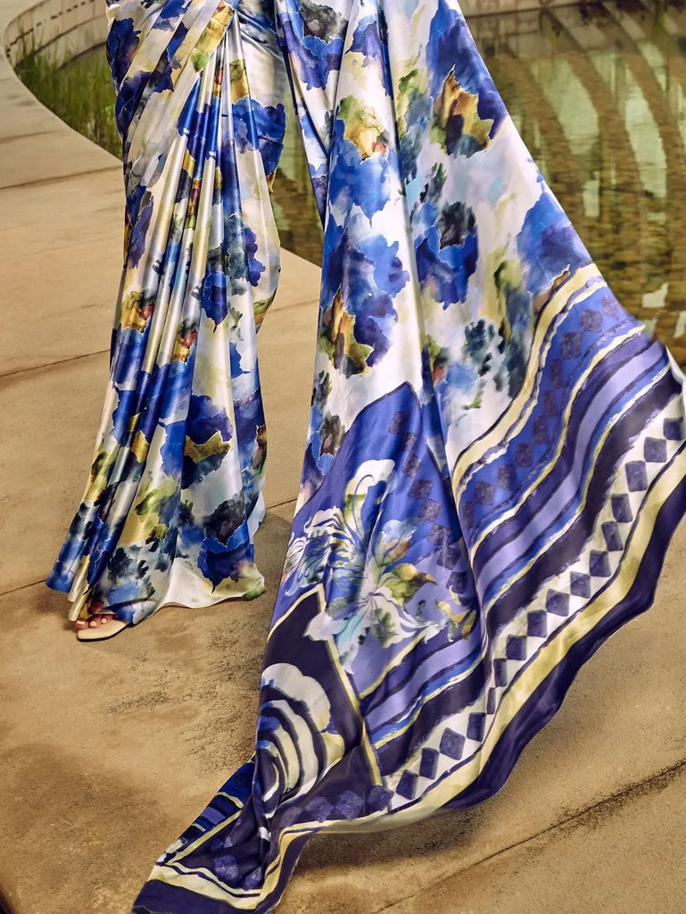 Astonishing White & Blue Digital Printed Satin Party Wear Saree