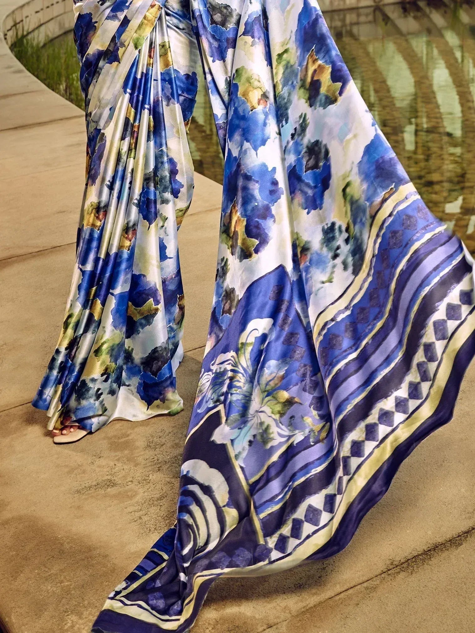 Blue floral print saree with elegant border, stylish Indian ethnic wear for women