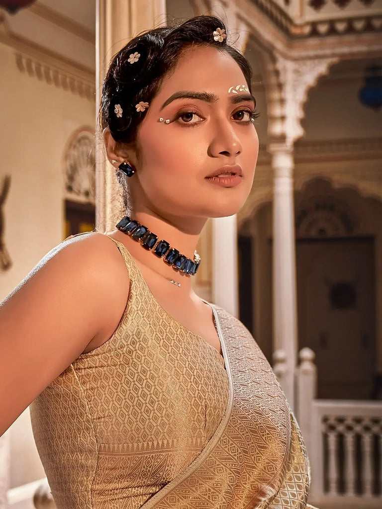 Bewitching Beige Zari Weaving Silk Traditional Saree With Blouse