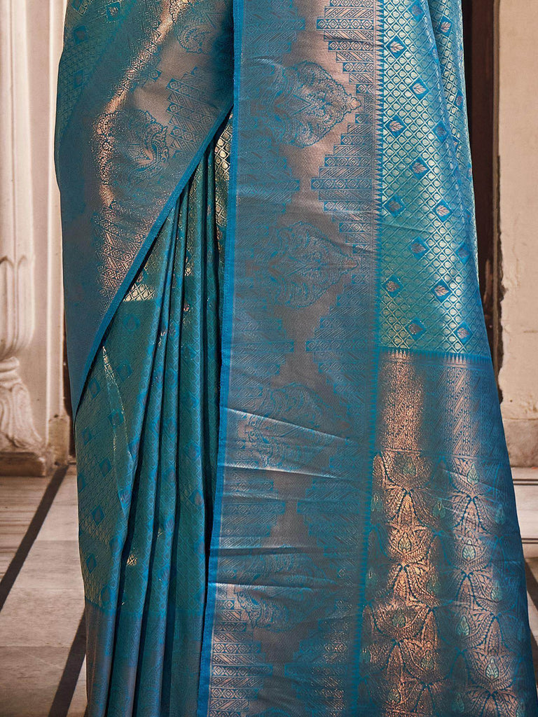Beautiful Sky-Blue Zari Weaving Silk Festival Wear Saree With Blouse