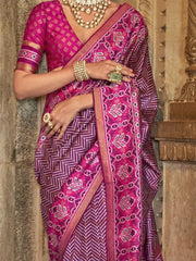 Charming Wine Patola Printed Silk Wedding Wear Saree With Blouse