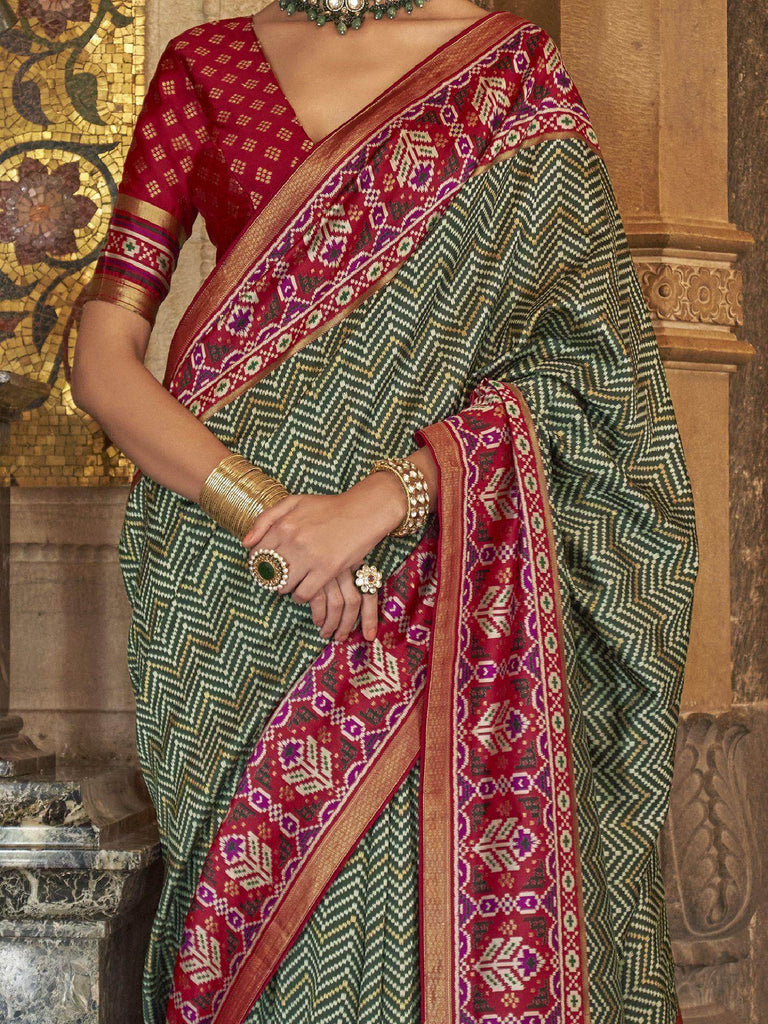 Adorable Olive Green Patola Printed Silk Function Wear Saree