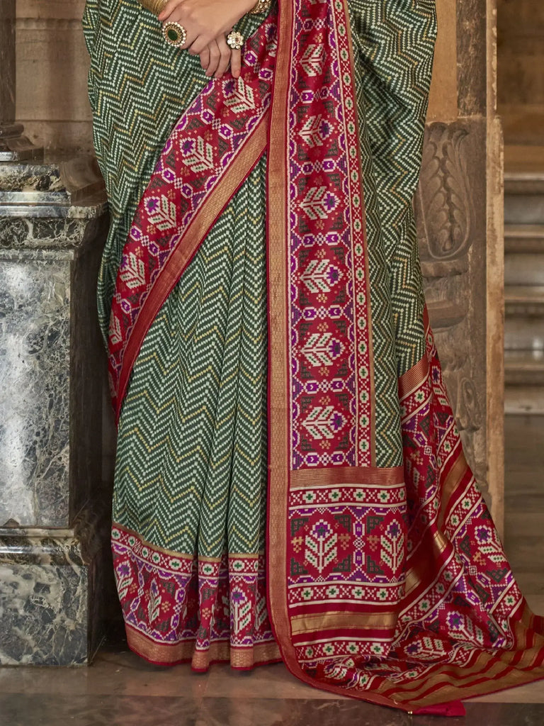 Adorable Olive Green Patola Printed Silk Function Wear Saree