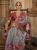 Sweet Grey Patola Printed Silk Traditional Saree With Blouse
