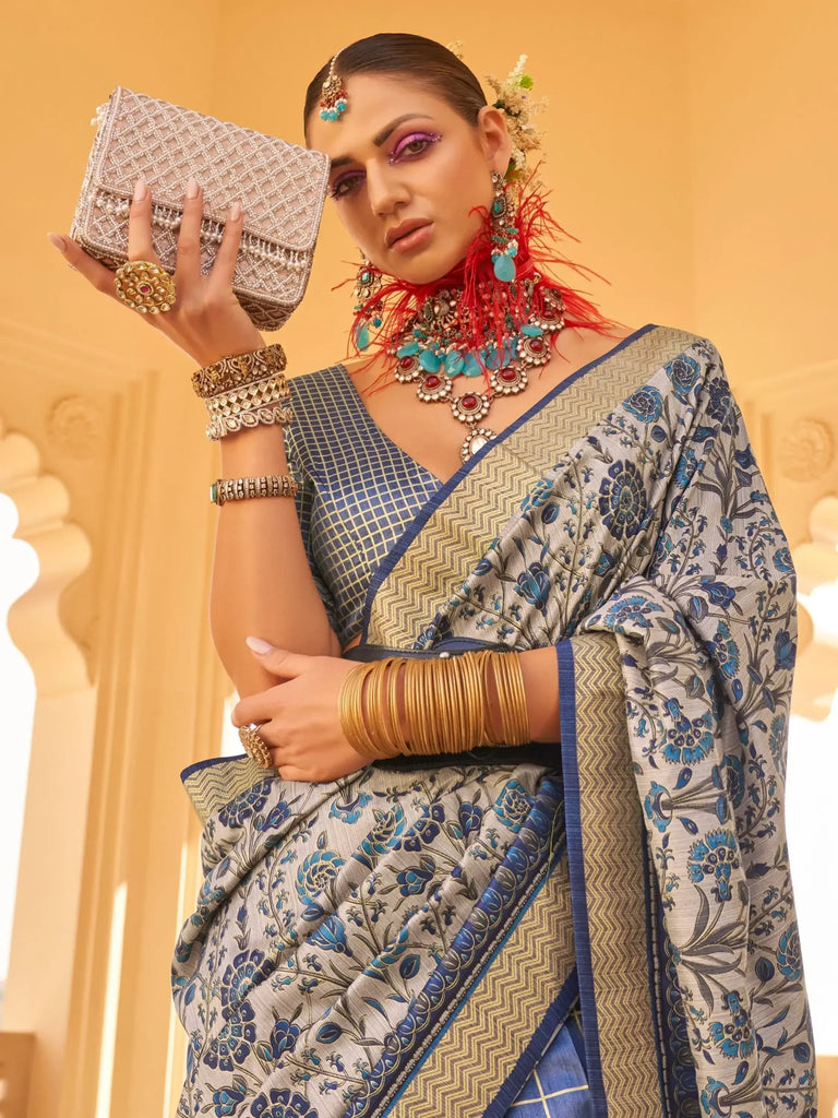Fascinating Grey & Blue Floral Printed Silk Function Wear Saree