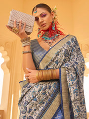 Fascinating Grey & Blue Floral Printed Silk Function Wear Saree