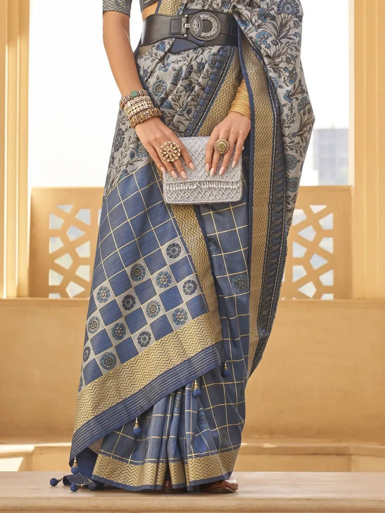 Fascinating Grey & Blue Floral Printed Silk Function Wear Saree