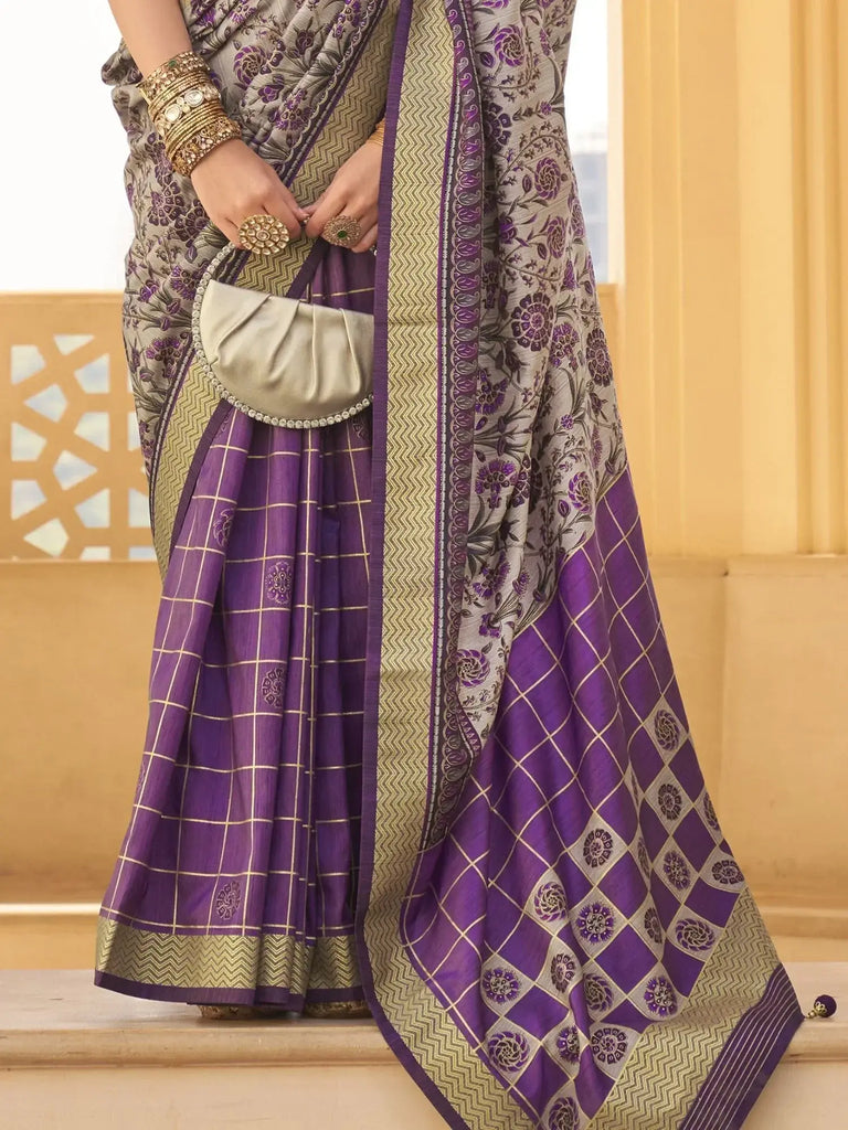 Magnetic Grey & Purple Floral Printed Silk Wedding Wear Saree