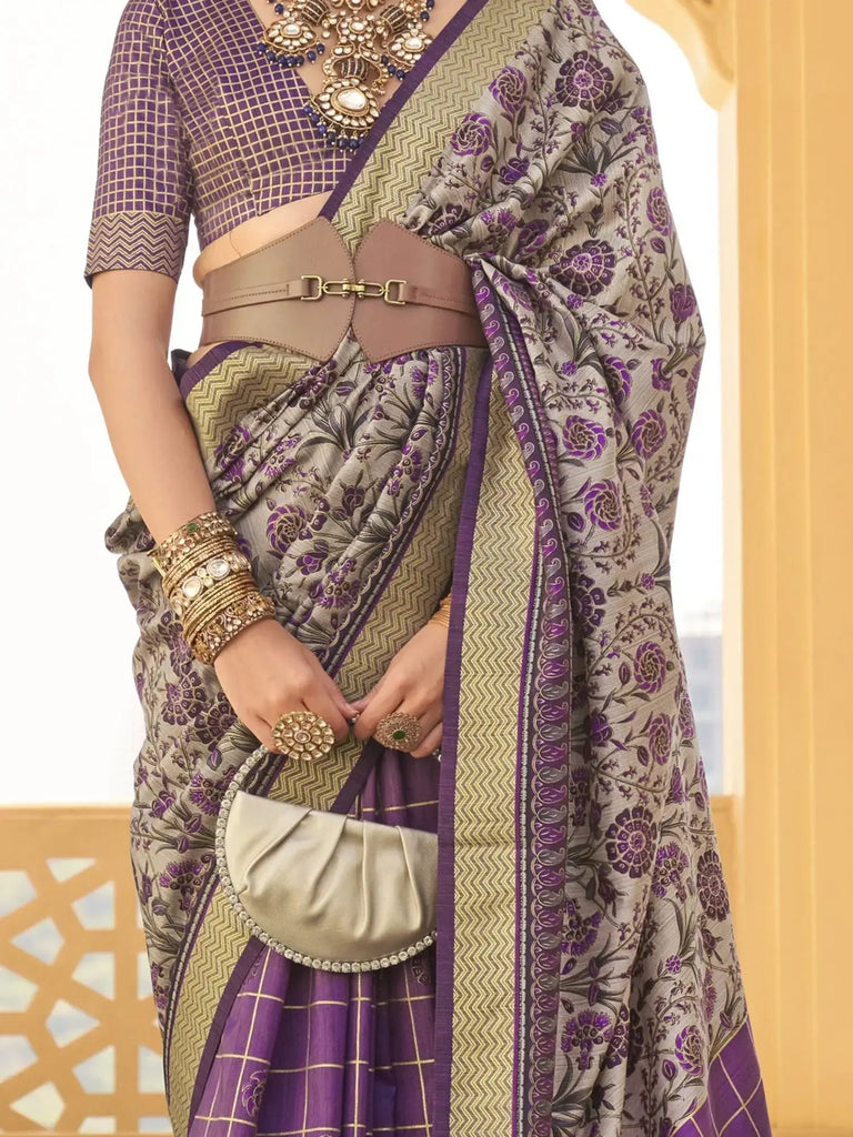Magnetic Grey & Purple Floral Printed Silk Wedding Wear Saree