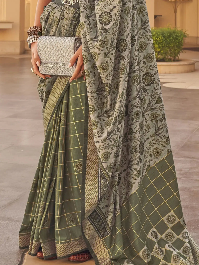Charming Grey & Green Floral Printed Silk Mehendi Wear Saree