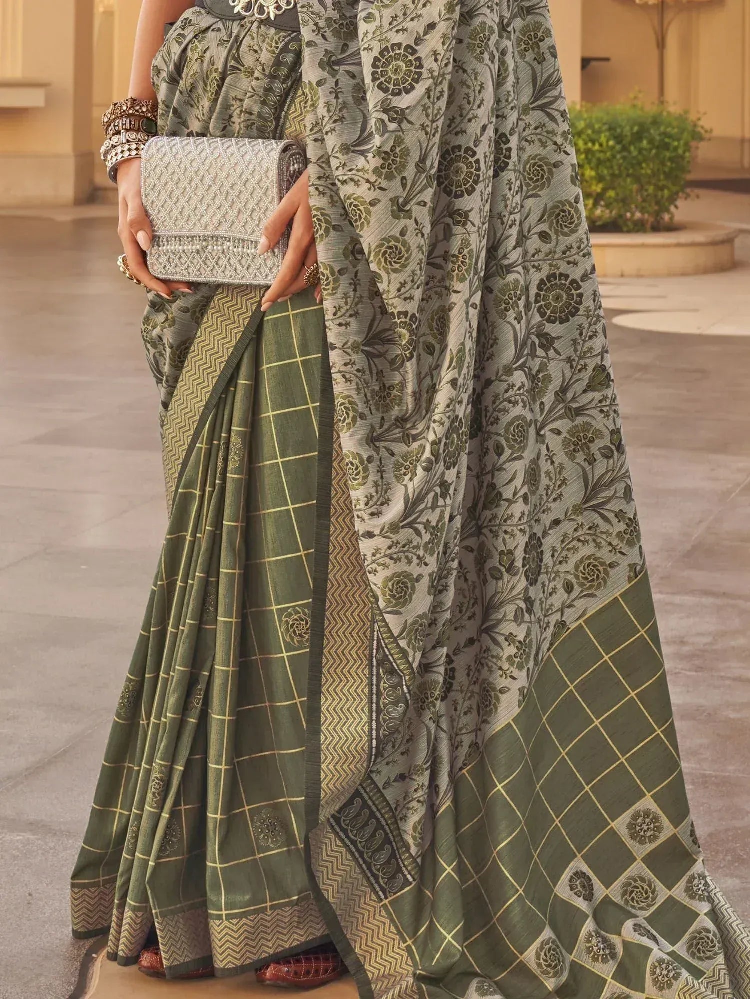 Charming Grey & Green Floral Printed Silk Mehendi Wear Saree