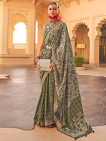 Charming Grey & Green Floral Printed Silk Mehendi Wear Saree