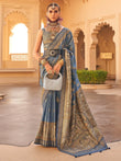 Attractive Dusty Blue Printed Silk Traditional Saree With Blouse