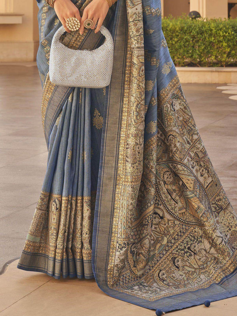 Attractive Dusty Blue Printed Silk Traditional Saree With Blouse