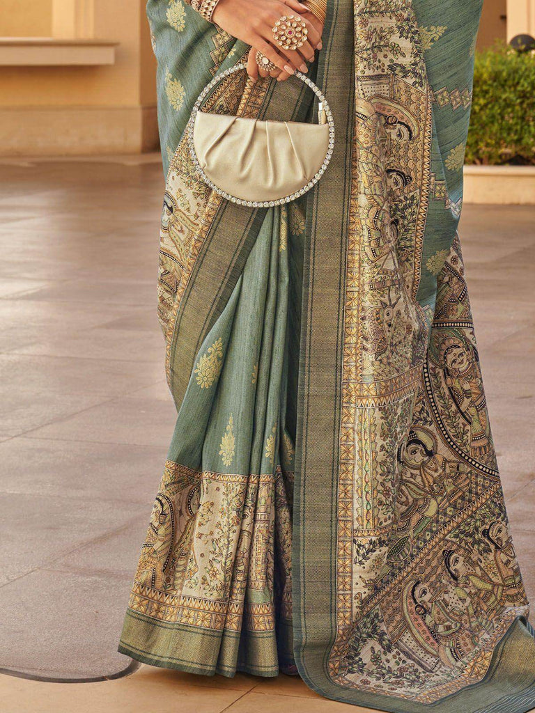Alluring Sage Green Printed Silk Function Wear Saree With Blouse