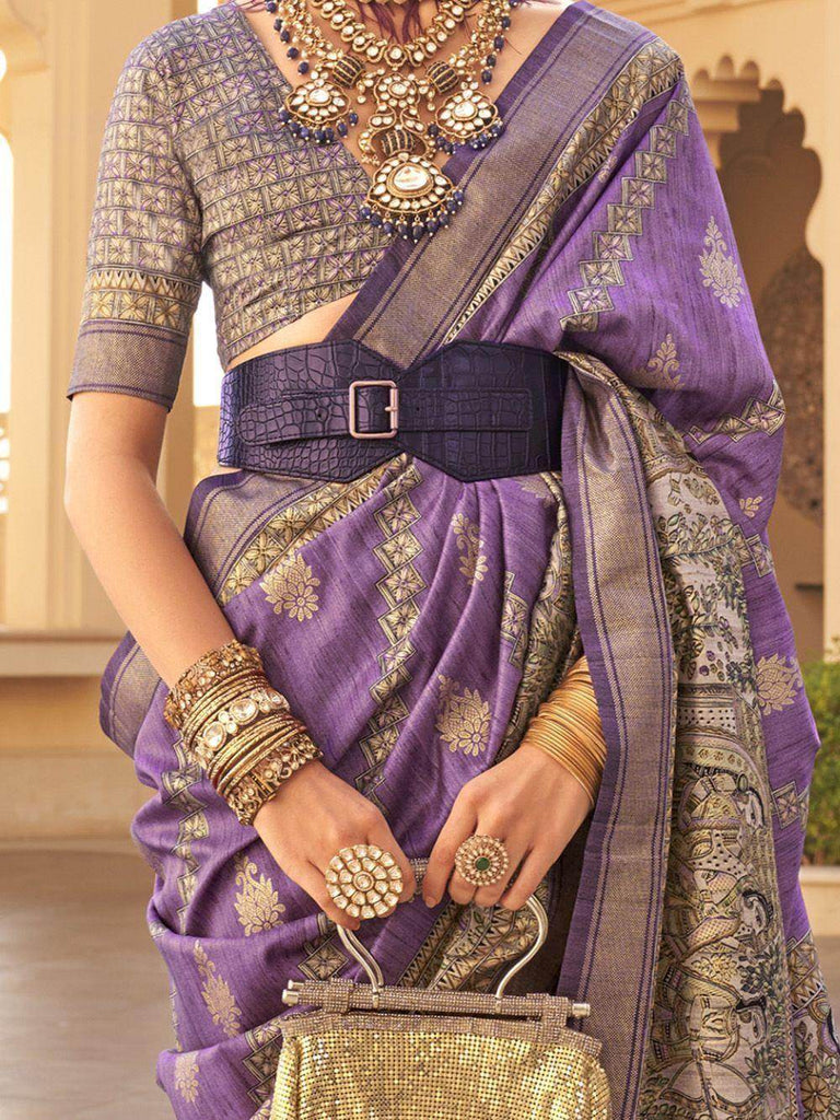 Glamorous Purple Printed Silk Wedding Wear Saree With Blouse